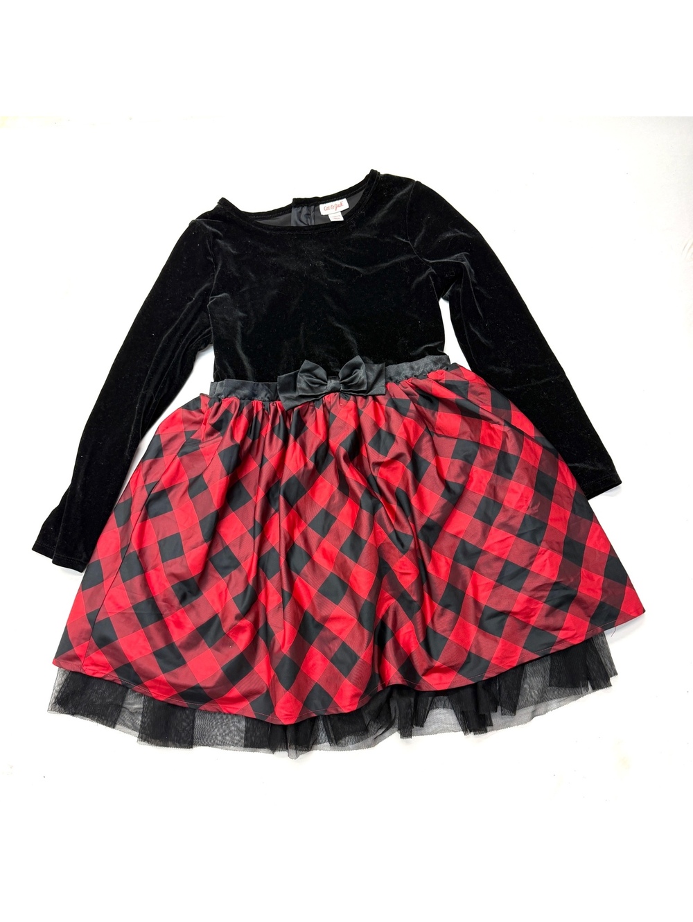 Cat & Jack Girls Velvet Taffeta Dress Red Buffalo Plaid Skirt Tulle Holiday